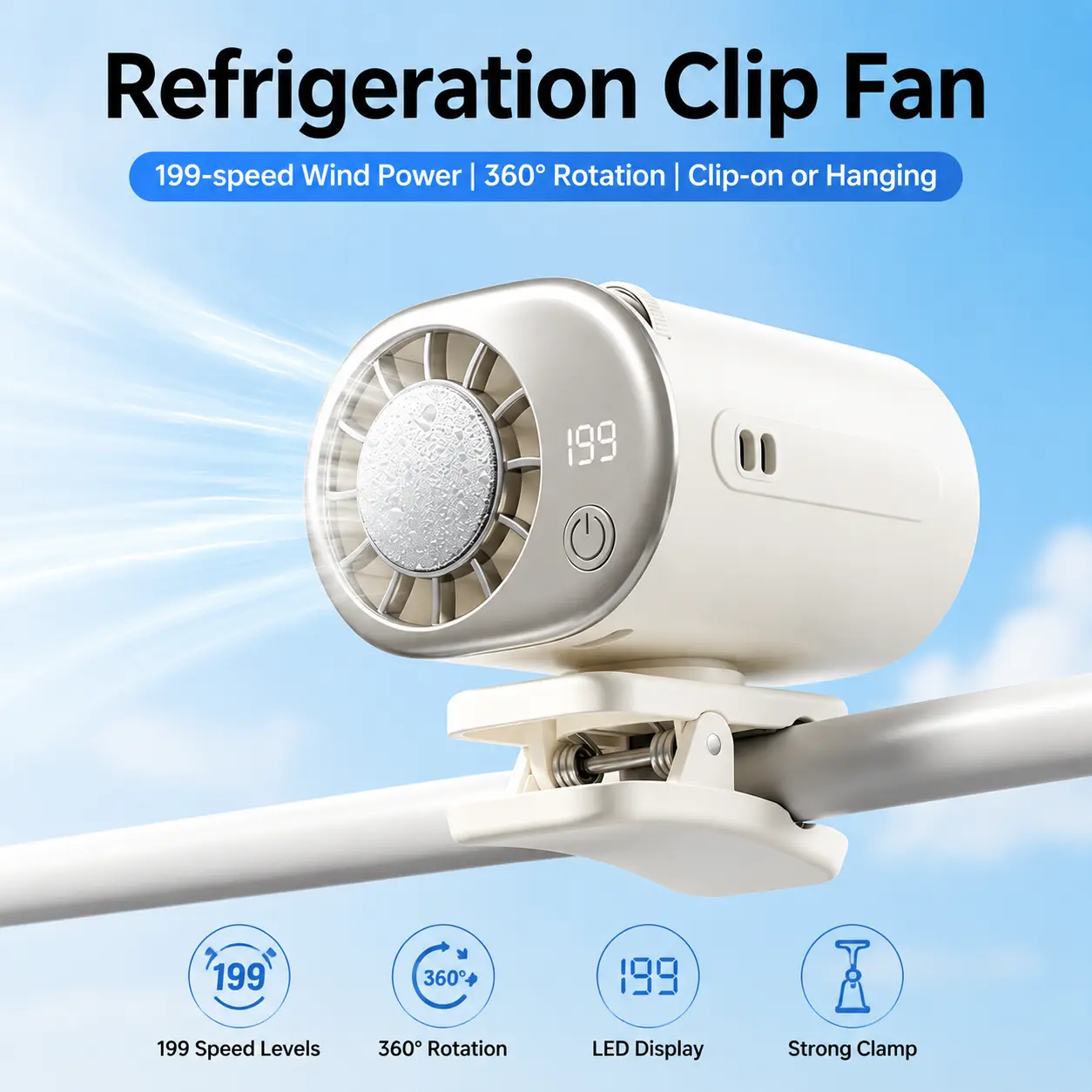 MAISIKE Portable Handheld Car Fan – 360° Rotating Clip-On Fan, USB Rechargeable Mini Fan with LED Display, 199-Speed Adjustable Airflow, Strong Clamp for Car, Office, Camping & Travel