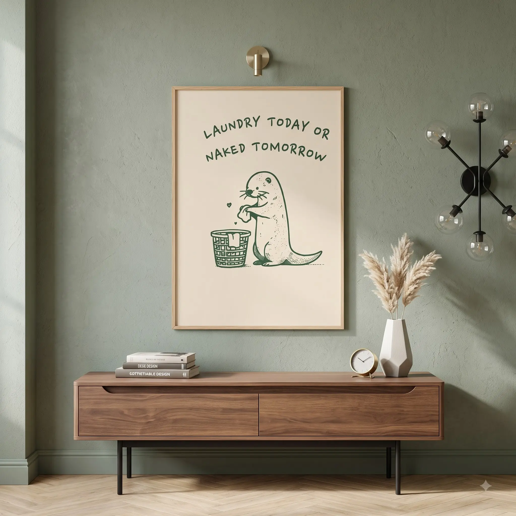 Funny Laundry Room Wall Art, Cute Otter Print, Laundry Today or Naked Tomorrow Poster, Minimalist Green Line Decor, Housewarming Gift | Unframed