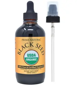 Prime Natural Organic Black Seed Oil 4oz - Cold Pressed Unrefined High Thymoquinone 1.7% USDA Certified - Turkish Origin Potent Nigella Sativa Liquid - Vegan Omega 3 6 9, Antioxidant