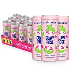 wildwonder Sparkling Probiotic Drink 12 Pack Guava Rose Organic Vegan Low Sugar Prebiotic Fiber & Live Cultures 12oz Cans