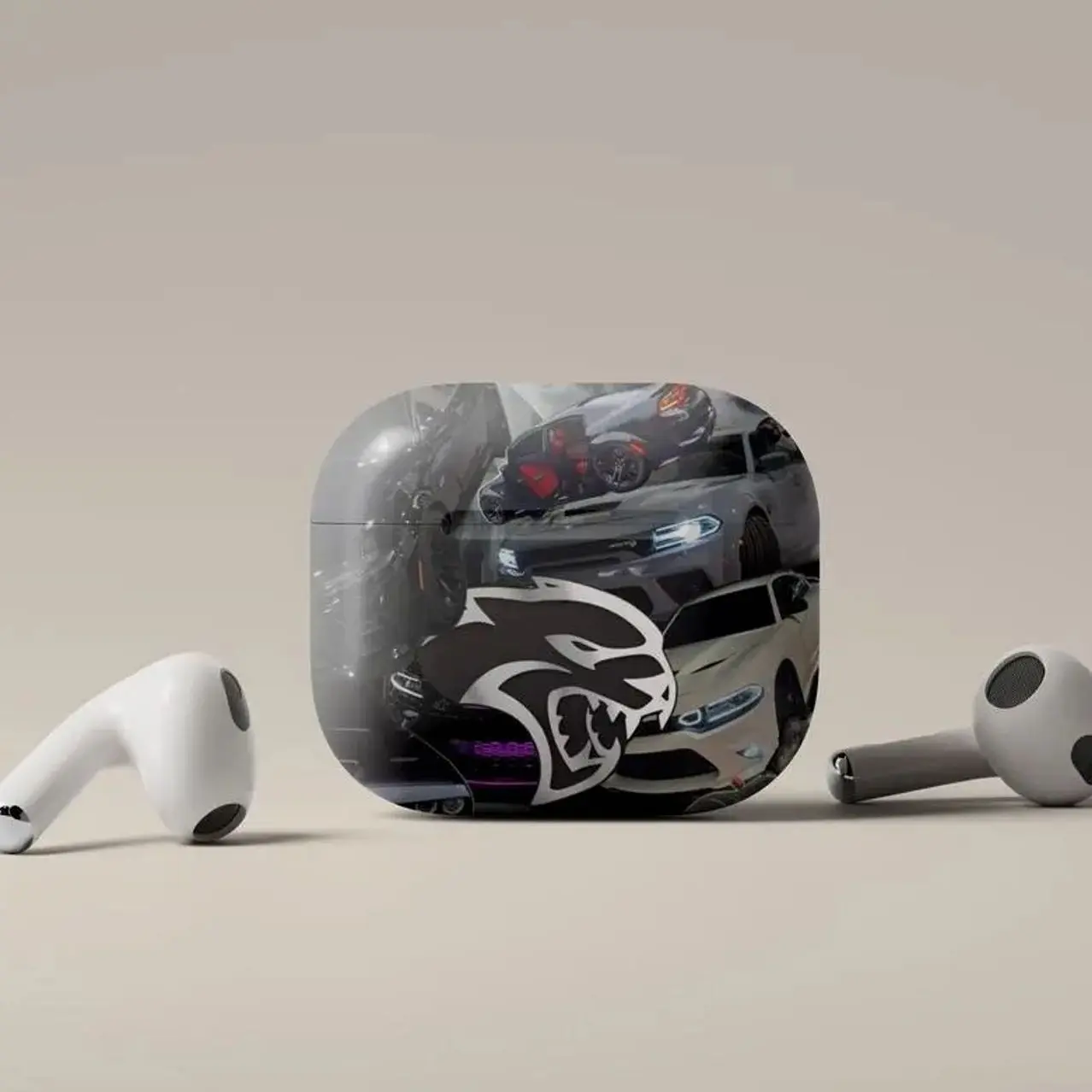 Dodge Charger "Hellcat" SRT Muscle Car AirPods Case | Aggressive Grey Mopar Collage | Shockproof Badcat Edition Cover for AirPods 1/2/3/4 & Pro
