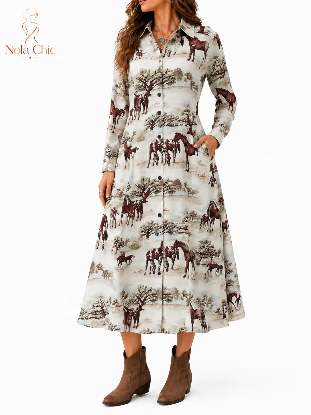 Women’s Western Horse Print Shirt Dress, Button Front Long Sleeve Midi Dress with Pockets, Cowgirl Vacation Casual Dress, S-2XL by Nola Chic