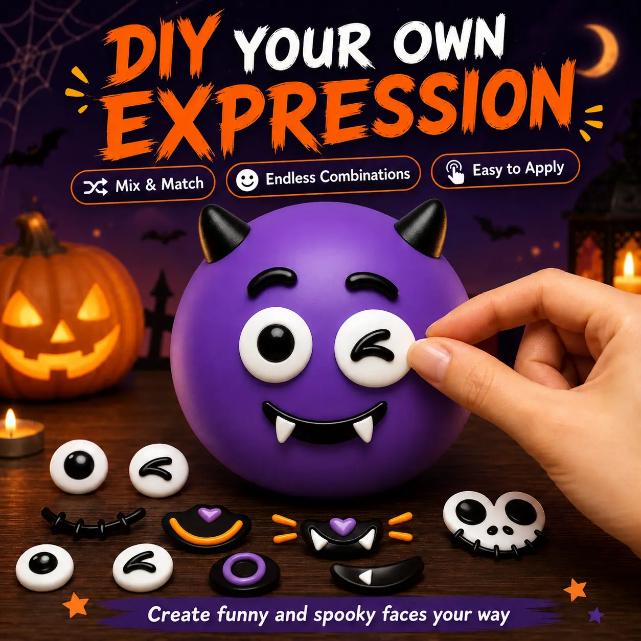 Halloween DIY Face Swap Squishy Toy, Shaving Cream Filled Soft Squeeze Toy with Mix & Match Expression Accessories, Pumpkin Devil Skull Black Cat Stress Relief Fidget Toy