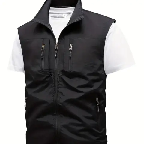 Men's Solid Pocket Zipper Vest Waistcoats, Regular Fit Casual Street Style Sleeveless Collared Outerwear for Fall & Winter, Men's Clothes for Outdoor Activities, Streetwear, Menswear