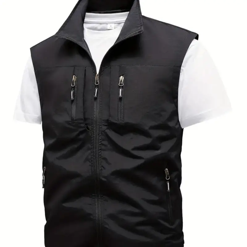 Men's Solid Pocket Zipper Vest Waistcoats, Regular Fit Casual Street Style Sleeveless Collared Outerwear for Fall & Winter, Men's Clothes for Outdoor Activities, Streetwear, Menswear