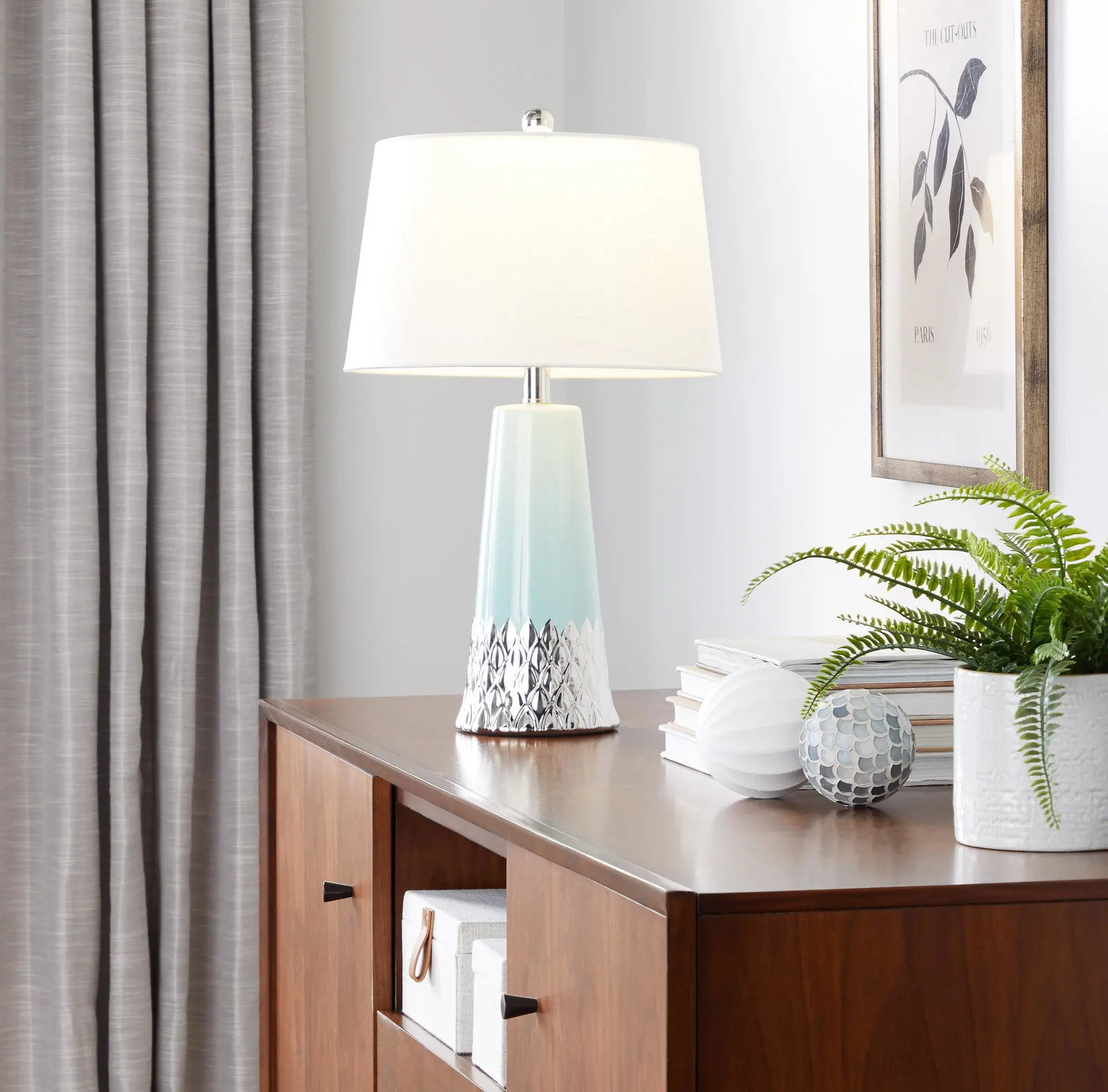 22" Contemporary Ceramic Table Lamp with Tiffany Blue & Silver Body and White Shade, Penelope
