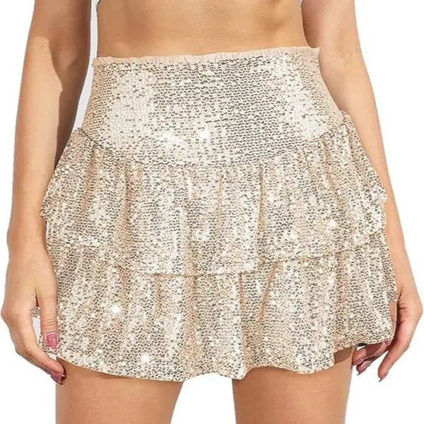 Women's Sequin Skirt Sparkly High Waist Glitter Ruffle Metallic Mini Skirts Concert Outfits Night Out Club Party Womenswear Bottoms