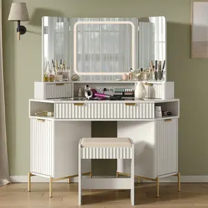 48” Fluted Vanity Desk with 3-Way LED Mirror, Corner Glass Top, USB Charging Station, 3 Drawers, Storage Cabinets and Shelves – Bedroom Organizer Dressing Furniture