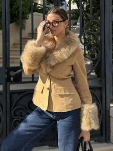 Women's Vintage Suede Jacket Coat, Faux Fur Trimmed Collar Cuffs and Button Design, Slim Fit Fall Winter Fashion Outerwear