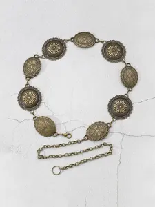 Vintage Round Shaped Embossed Decorated Chain Belts for Women, Trendy Statement Belts, Trendy Exquisite Belt, 2025 Fall Boho Style Fashion All-match Female Accessories, Brass Color Back To School Y2k Charms Accessories