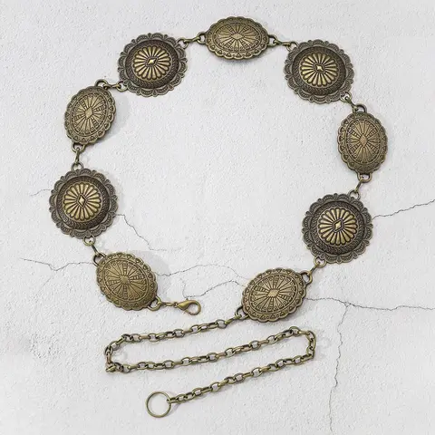 Vintage Round Shaped Embossed Decorated Chain Belts for Women, Trendy Statement Belts, Trendy Exquisite Belt, Stylish Belts, 2025 Fall Boho Style Fashion All-match Female Accessories, Brass Color Back To School Y2k Charms Accessories
