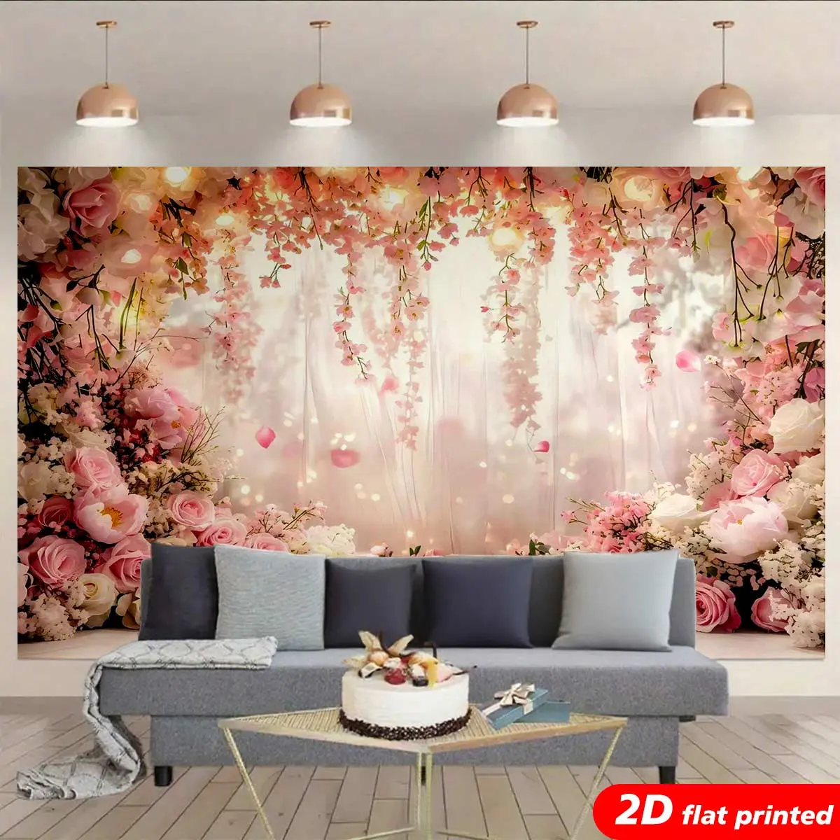 2D Flat-Printed Polyester Floral Tapestry - Wrinkle-Resistant, Machine-Washable, Pink Rose Pattern, Cherry Blossom & Cream Design, Hanging Wall Decor, Event Backdrop, Birthday Gift, Bridal Romantic Prop