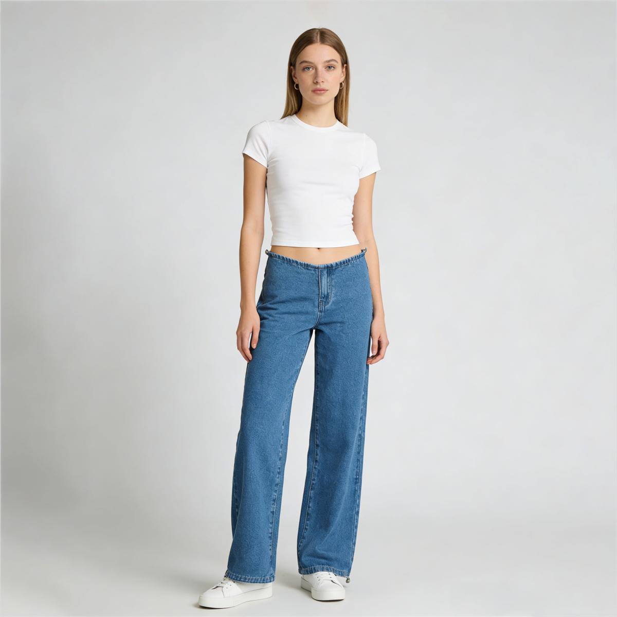 Pwest NYC Adjustable Low-Rise Wide-Leg Jeans — Adjustable Drawstring Waistband/Hem, Relaxed Straight Cut, Soft Daily Wear-Spring Summer