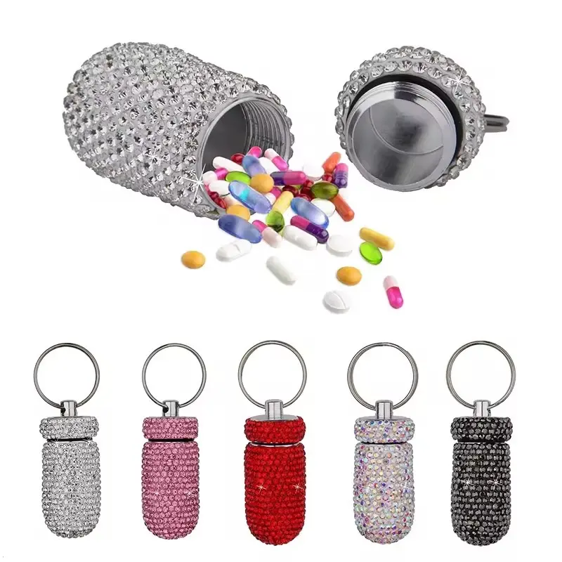 Elegant Sparkling Rhinestone Bling Portable Metal-Coated Medication Holder Keychain - Women's Dangle Charm Decorative Everyday Carry Keychain, 6 Color Options, Easy-Access Attachment, Keychains For Women, Dangle Keychains
