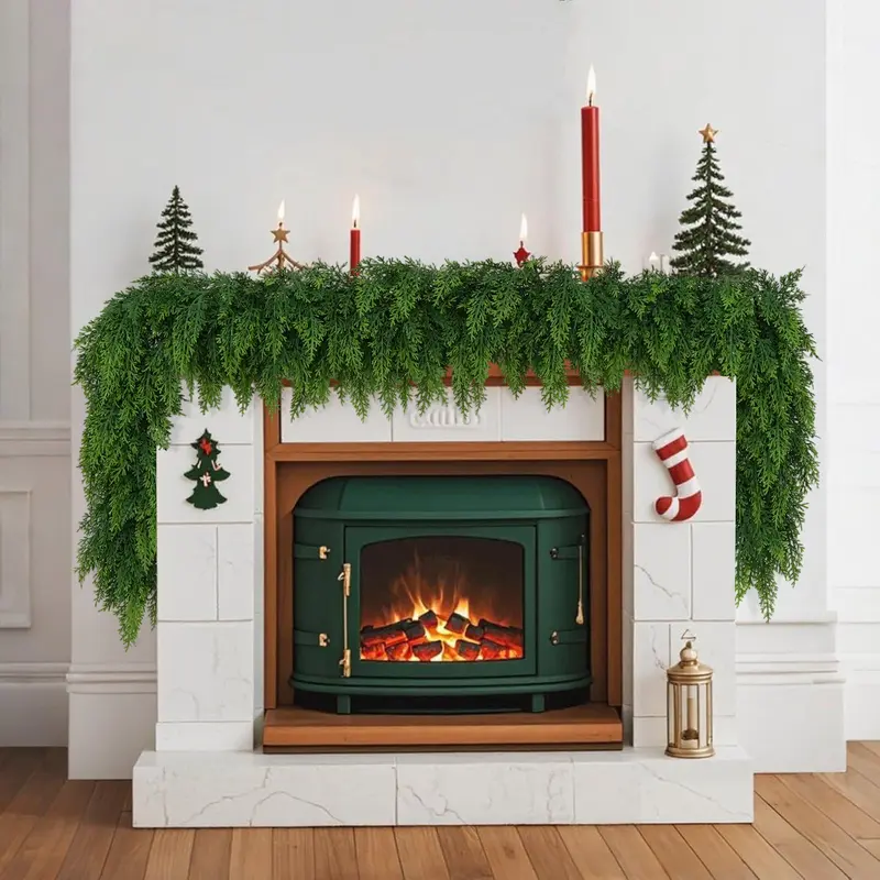 2 Pcs 6 FT Durable Plastic Artificial Cedar Garlands - Real Touch Gradient Green Irregular Art Deco Cypress Greenery, Party Decoration Supplies for Indoor/Outdoor Christmas Table, Mantel Christmas Garland Decoration