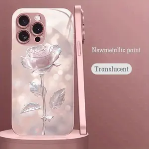 Transparent Crystal Rose Pattern Pink Metal Coated Tempered Glass Hard Phone Case, Suitable for iPhone17/iPhone17Air/iPhone17Pro/iPhone17Promax/iPhone16/16 Pro/16 Plus/16 Pro Max/15/14/13/12/11/XR/XS/X/7 - High-end, Simple, Creative, Shiny iPhone Phone Ca