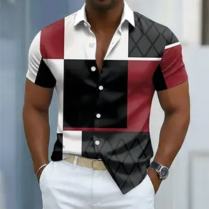 Men'S Color Block Patchwork Shirt Button up Short Sleeve Casual Streetwear 3D Print Turndown Shirt Blue Wine Brown Green NONE