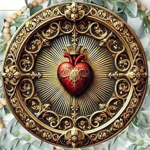 Vintage Sacred Heart Aluminum Wall Art Golden Red Religious Home Office Spiritual Decor Religious Decoration