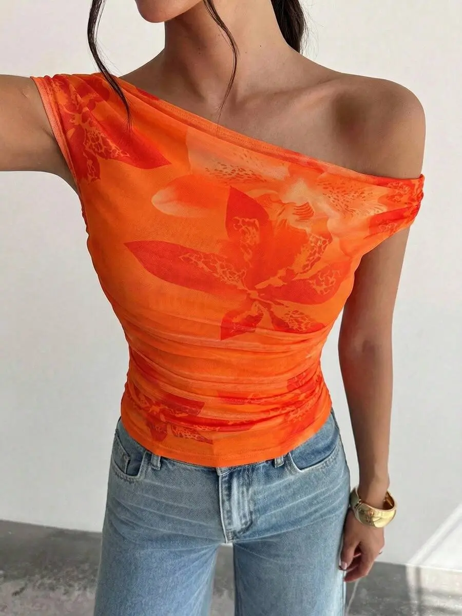 GRL Women's Burnt Orange Asymmetrical Shoulder Tie Dye Print Ruched T-Shirt,Summer Seksi Chic Party Night Elegant Blouse For Beach,Boho,Hawaii,Vacation