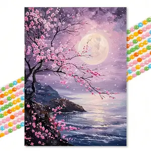 Moonlit Cherry Blossom Sea Landscape Diamond Painting, Dreamy Aesthetic Healing Art, Round Drill 30x40cm, Bedroom Bedside Wall Decor, Diamond Painting Kit