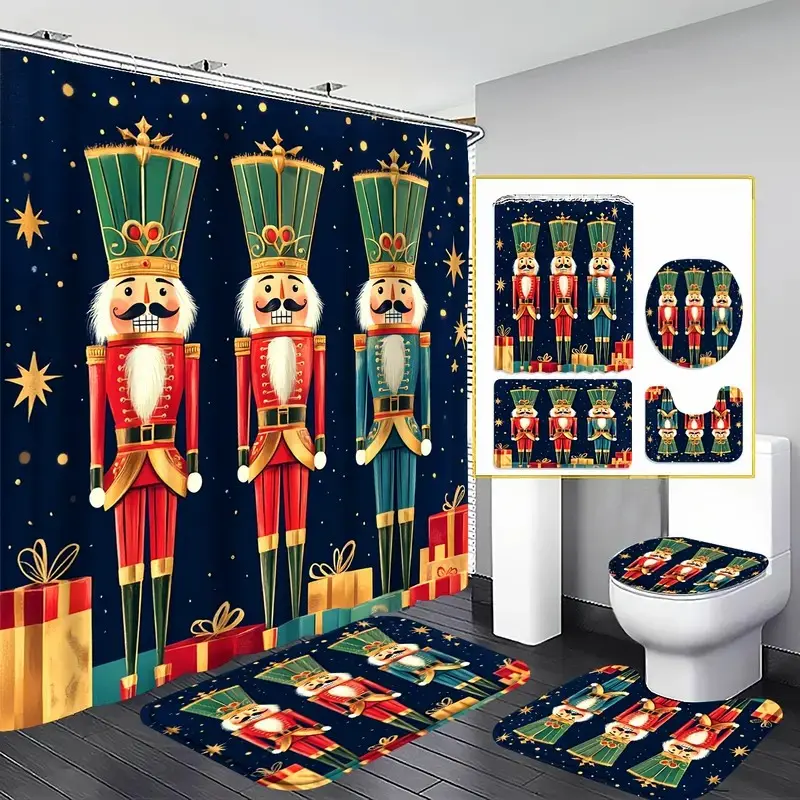 1/4 pcs Three Nutcracker Soldier Design Shower Curtain Set, festive design, non-slip floor mat, U-shaped carpet, toilet lid cover, perfect for bathroom decoration, partition, beautify the space, Bathroom Decoration Accessories