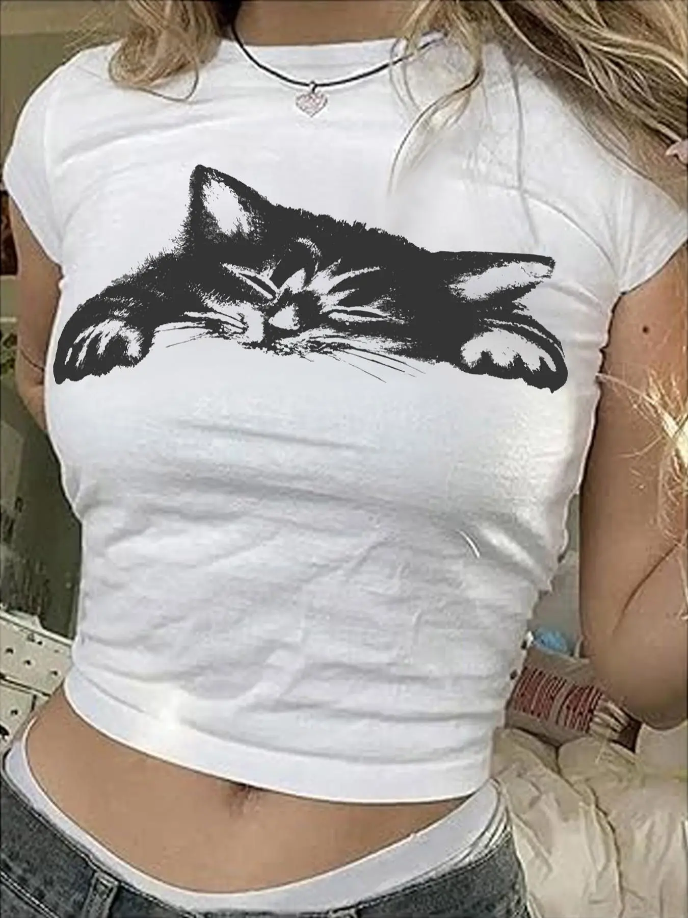 Women's Cat Print Summer Short Sleeve T-Shirt, Animal Tee, Sexy Slim-Fitting Top, All Seasons Animal Pattern, Comfortable Casual Wear, Womenswear
