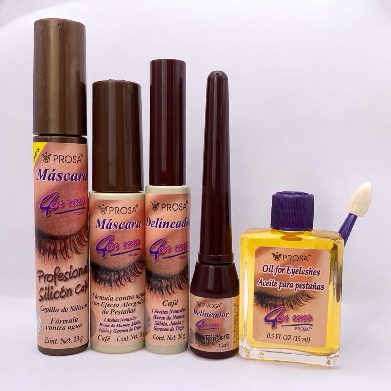 PROSA 5-Piece Brown Mascara & Oil Bundle – Professional Silicone Mascara, 4-in-1 Mascara, Eyeliner, Tintero, and Lash Growth Oil Makeup Aloe Eyelash Jojoba