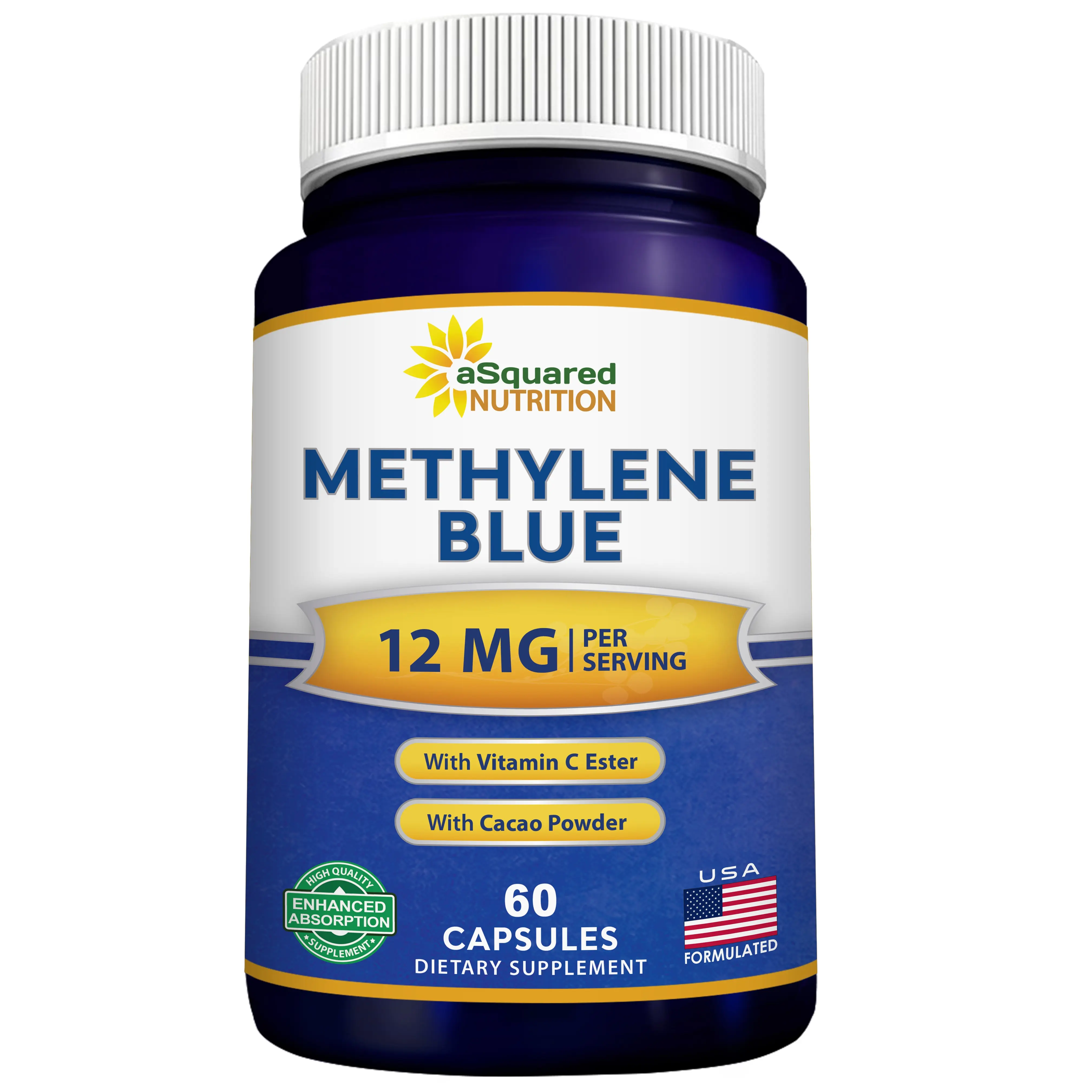 Methylene Blue Capsules - Pharmaceutical Grade Supplement - 12mg/Serving | USP Grade Methylene Blue for Humans w/ Vitamin C & Cacao Powder - Brain, Focus, Energy - Alt to Gummies, Drops & Tablets