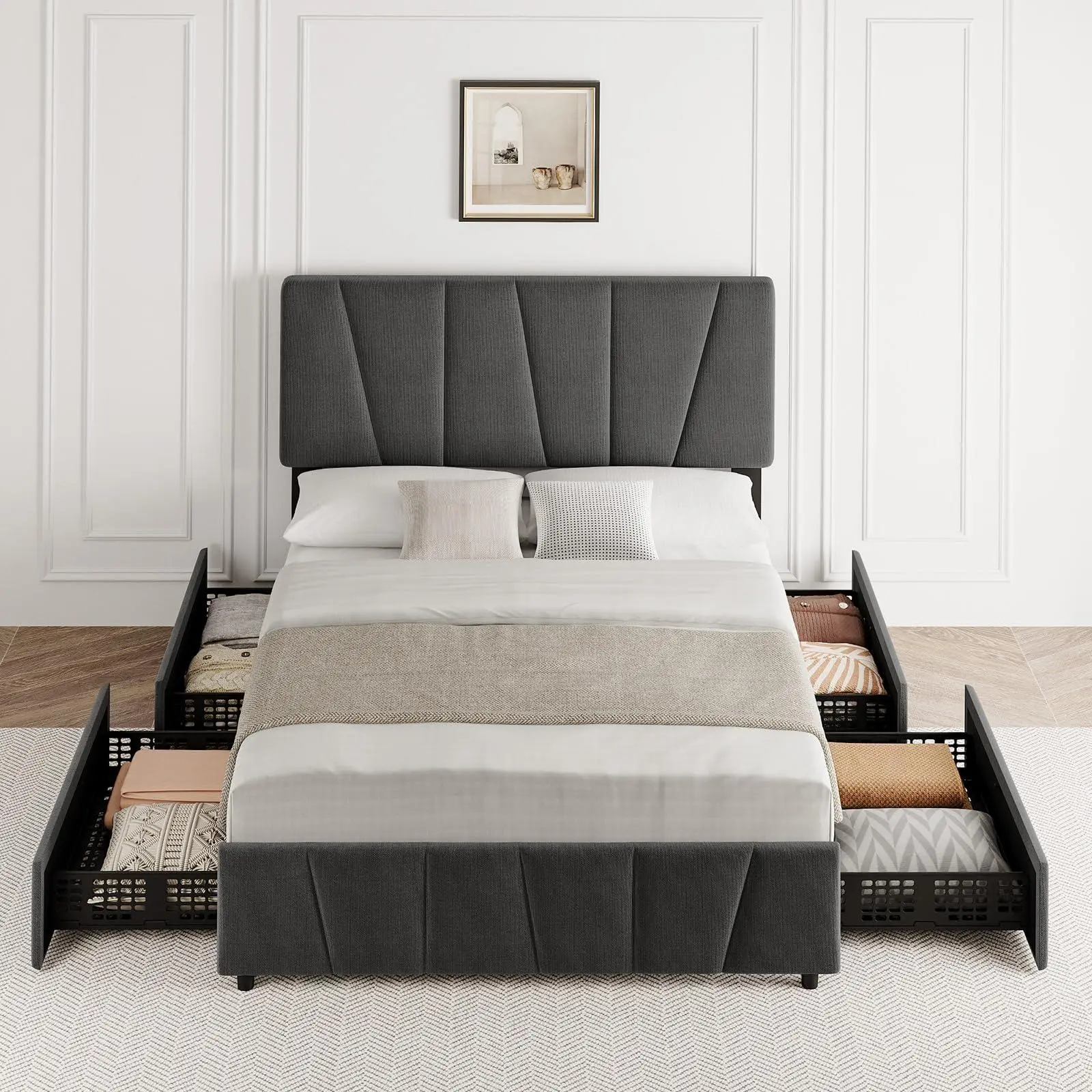 GARVEE Upholstered Full-Size Bed Frame with Adjustable Headboard, 2 Storage Drawers & Wooden Slats - Sturdy Noise-Free Support, No Box Spring Needed