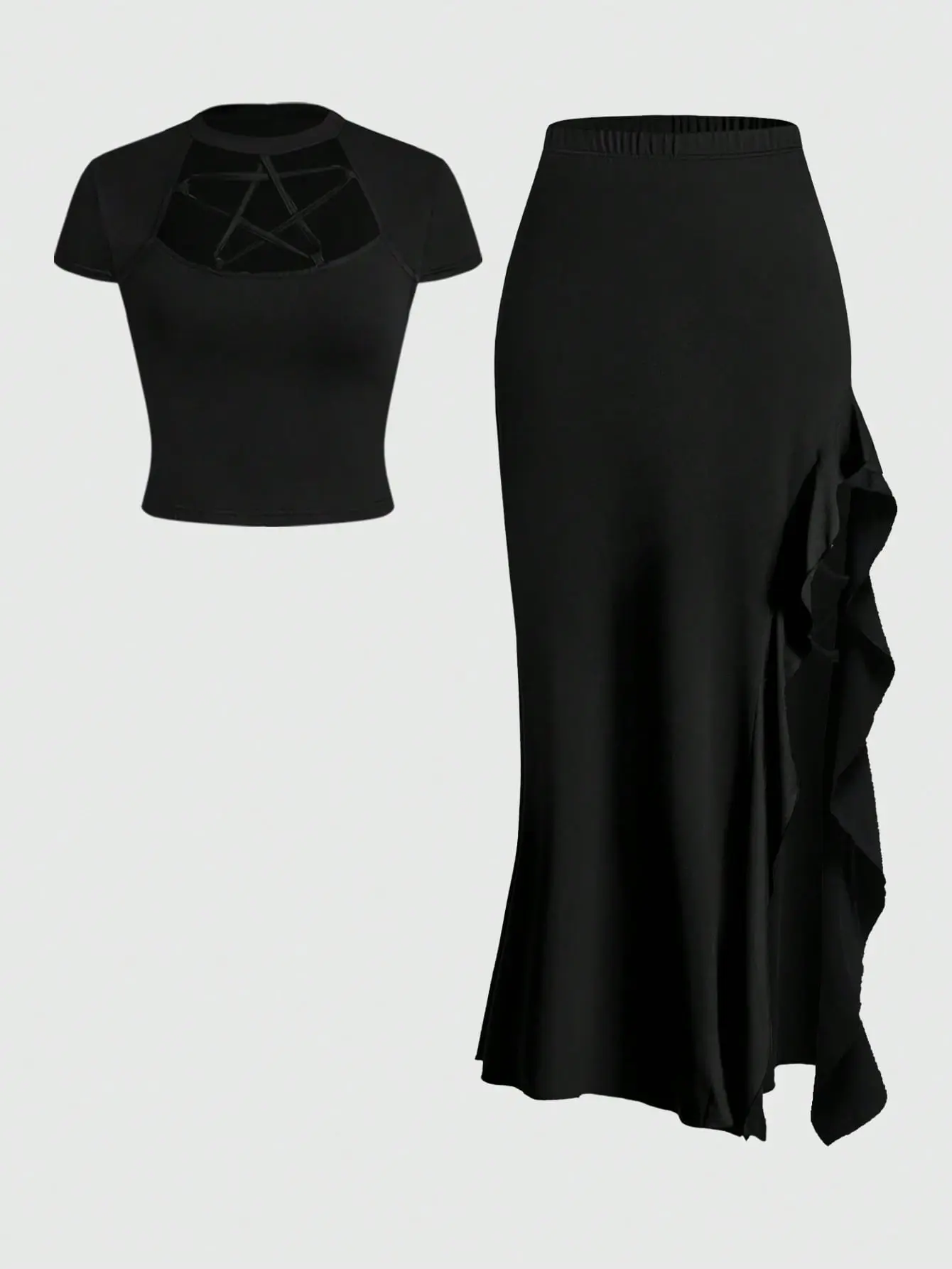 ZESTY NOX Pentagram Collar Gothic Skirt 2-Piece Set Short Sleeve Asymmetrical Hem Ruffle High Slit Black Night Out Y2K Summer Party