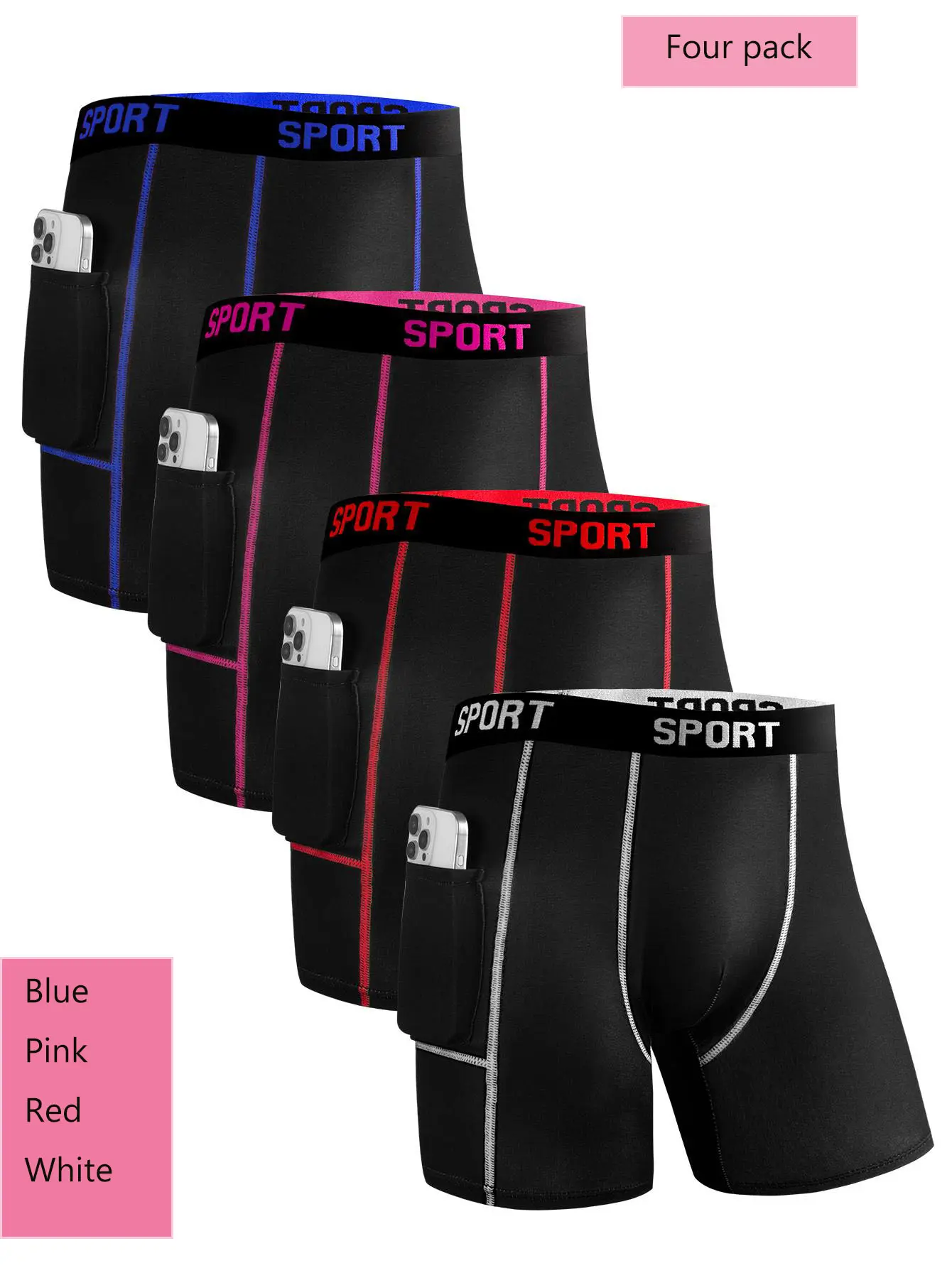 Men’s 4-pack long boxer briefs with side pockets, SPORT style, wide waistband, high elasticity, square-cut design
