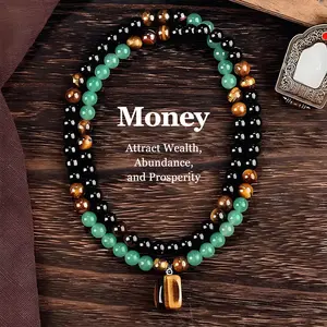Money Attraction Necklace for Women, Green Aventurine & Tiger Eye Pendant Healing Crystal Stone, Natural Healing Crystal Pendant for Wealth & Prosperity, Ideal Gift Jewelry for Men and Women