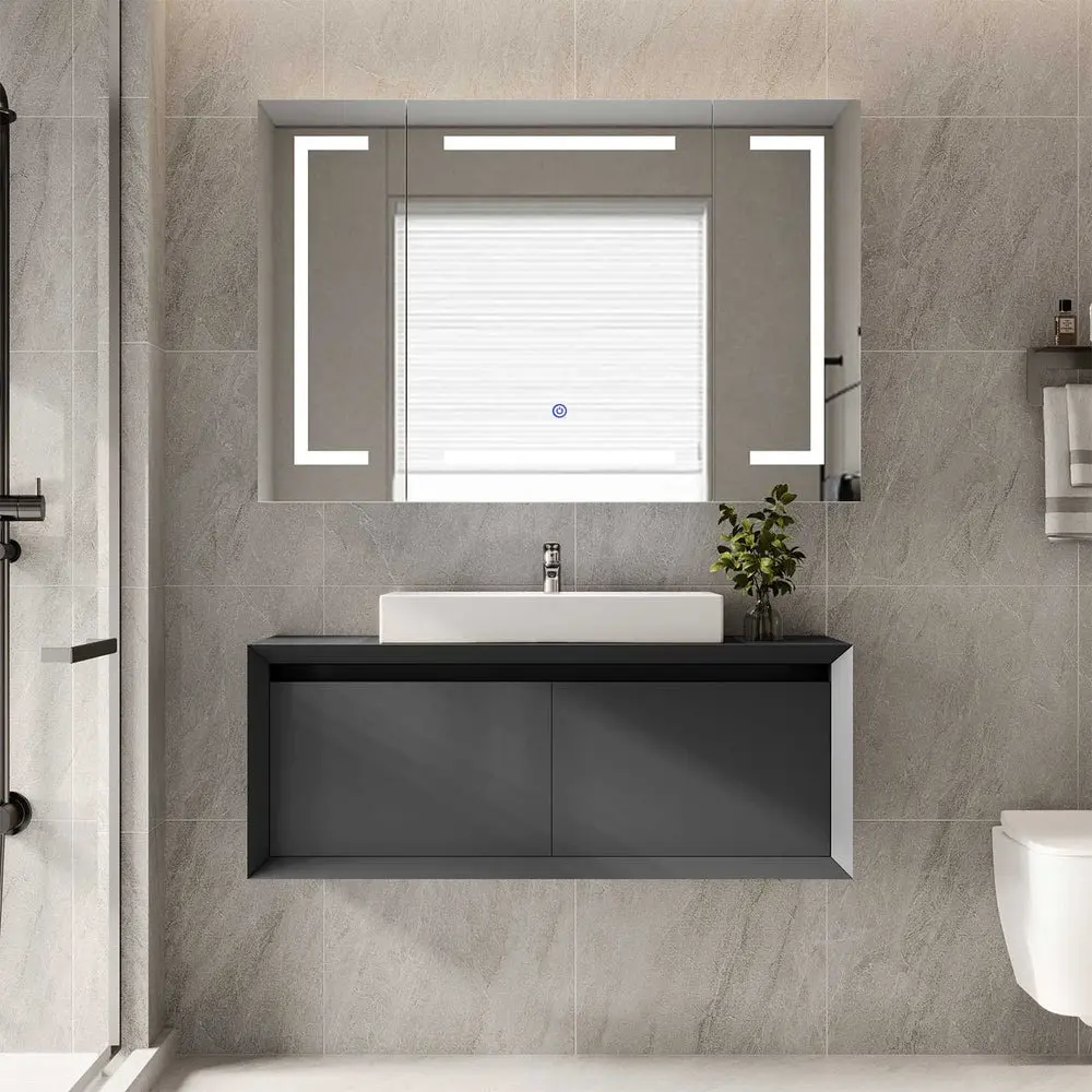 SIKAIC Wall-Mounted 3-Door LED Bathroom Medicine Cabinet with Mirror - Modern White Indoor Furniture, Adjustable Shelving, Multi-Compartment Dust-Free Storage Cabinet, 2 Outlets for Bathroom Sink, Bathroom Storage Cabinet
