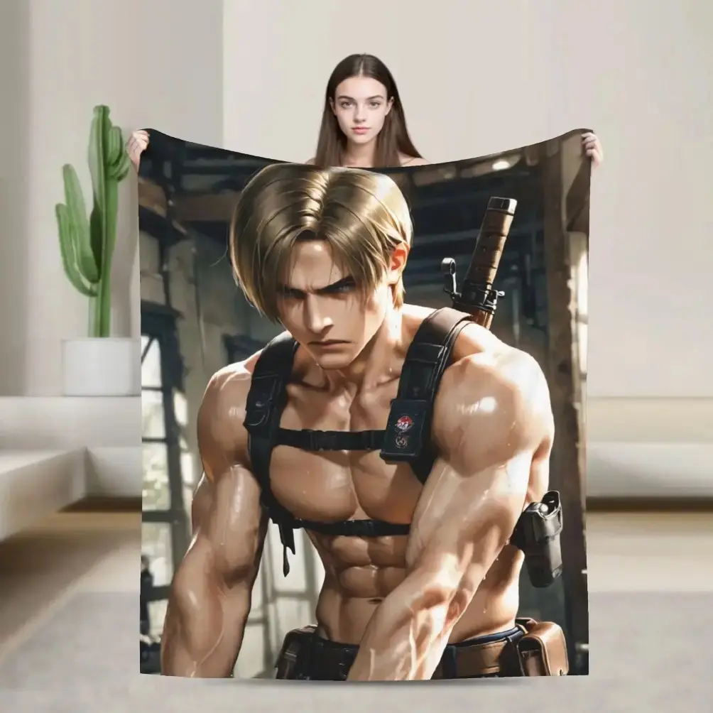 Resident Evil Leon Kennedy Dark Portrait Flannel Blanket Rose Graphic Decorative Throw For Gaming Room Dorm Bedroom