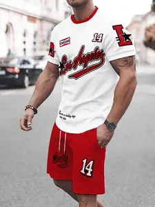 Men's Summer Casual Short Sleeve T-Shirt and Shorts Set, Stretchy Elastic Polyester Knit Fabric, Fitted Knee Length, Outdoor Activities and Home Parties