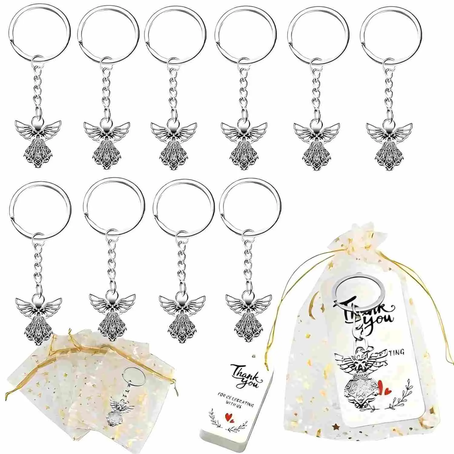 Silvery Color Angel Keychains, Keychain Jewelry, Key Accessories, 30 Pcs / 10 Sets, Perfect Baptism Party Favors, Includes Moon & Star Organza Bags, Thank You Gift Tags