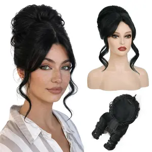 Black Wig 2-in-1  Bun Hairpieces Ponytail with Bangs Drawstring Updo Synthetic Hairpieces for Women Hair Topper with Lace Side Bangs  Looking Lightweight