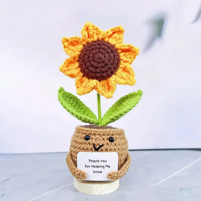 Handmade Positive Sunflower Doll, Crochet Figure Amigurumi Stuffed Animal with Card, Thank You for Helping Me Grow, Teacher Appreciation Gift from Student for Birthday & Graduation, Thank You Gift for Teacher