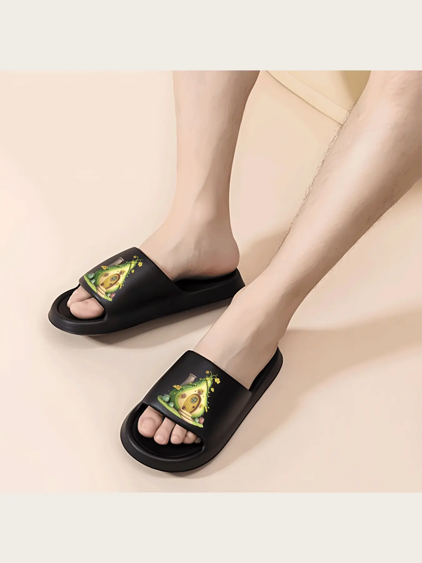 Cute Avocado Shaped House Slippers with Yellow Flowers and Little Pig Decor Soft Comfortable Indoor Home Slippers for Women Men Kids Adorable Cartoon Non-slip Footwear