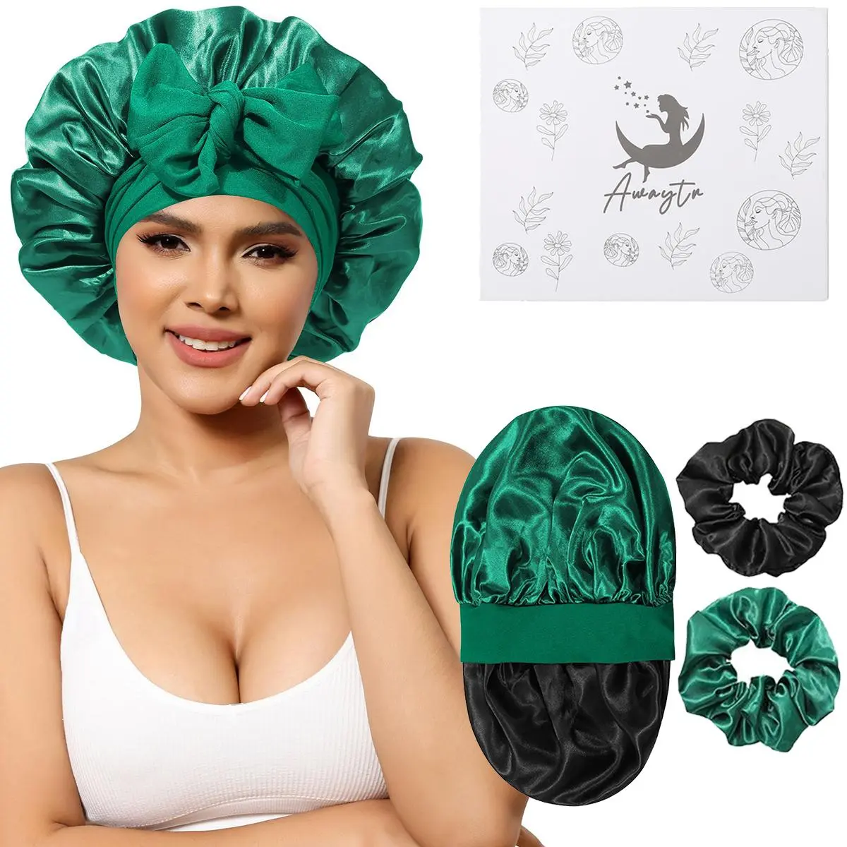 Black-Green Bonnet + 2Pcs Scrunchies	
