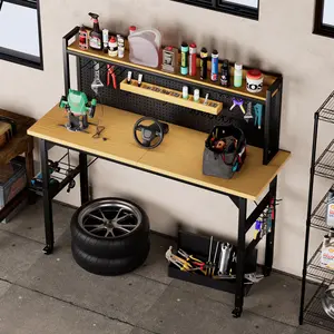 OPUL 71''Adjustable Workbench with pegboard, Heavy Duty Wooden Desktop Workbench with Wheels, 1600 lb. Load Capacity, Rolling Workbench with AC/USB Outlet, Hooks, Shelf, for Garage, Workshop, Office, Woodworking Shop, Home