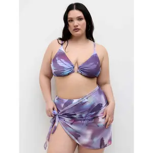 Cider V-neck Butterfly O-Ring Bracelet Full Coverage Bikini Set With Sarong Curve & Plus