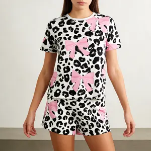 Women's Leopard & Bow Print Short Sleeve Pajama Set, Soft Comfy Sleepwear, Elastic Waist Shorts, Two-Piece Loungewear for All Seasons, Cute Casual Homewear