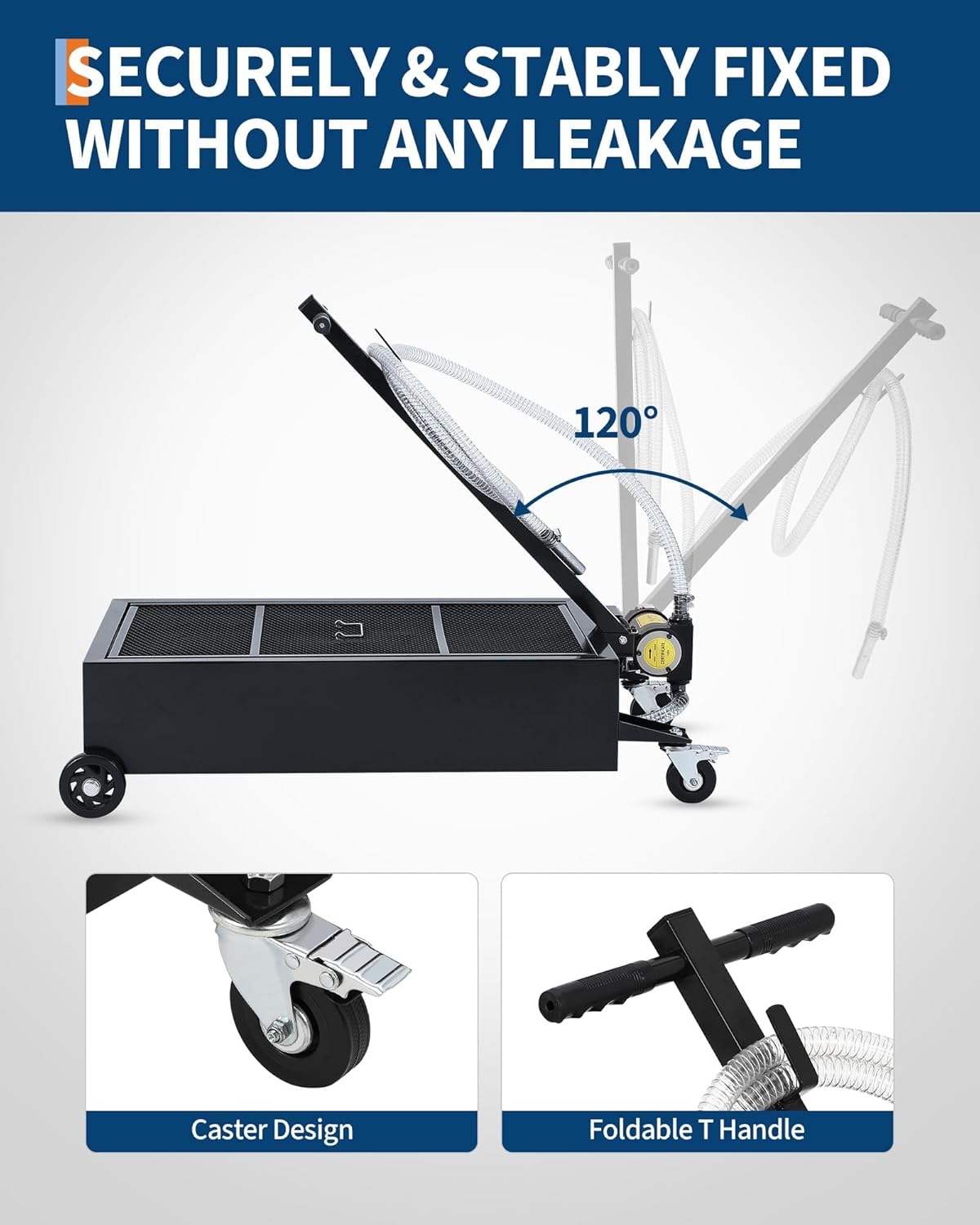 20/25 Gallon Low Profile Oil Drain Pan, Oil Change Pan with 12v Electric Pump, 8FT Hose & Folding Handle Rolling Oil Drain Cart Design for Cars, SUVs, Trucks, Buses, RVs