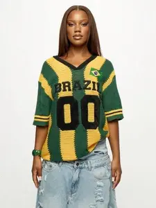 SUMWON WOMEN Brazil National Team Varsity Style Crochet Knit V-Neck Jersey Football Fan Supporter Half Sleeve Number 00 Flag Embroidered Top Autumn Winter Oversized
