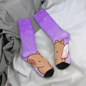 Cartoon capybara animal image background, mid-calf socks, casual and sporty style - soft and comfortable.