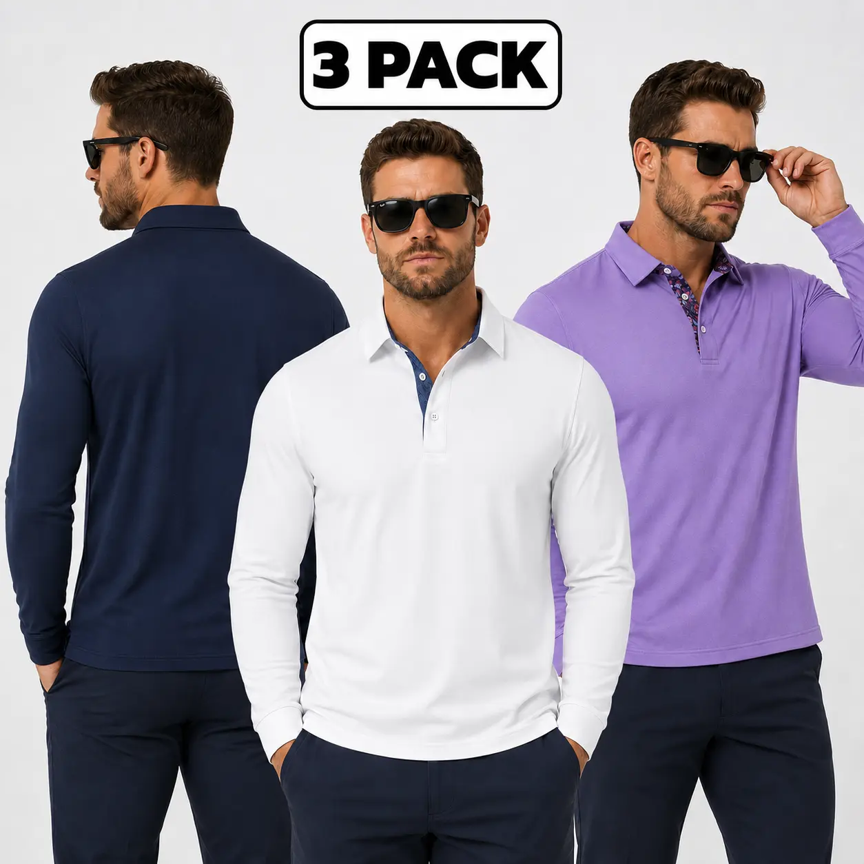 VILIGO 3 Pack Mens Polo Shirts Long Sleeve Print Collared Golf Shirts Dry Fit Moisture Wicking Performance Casual Work Shirts