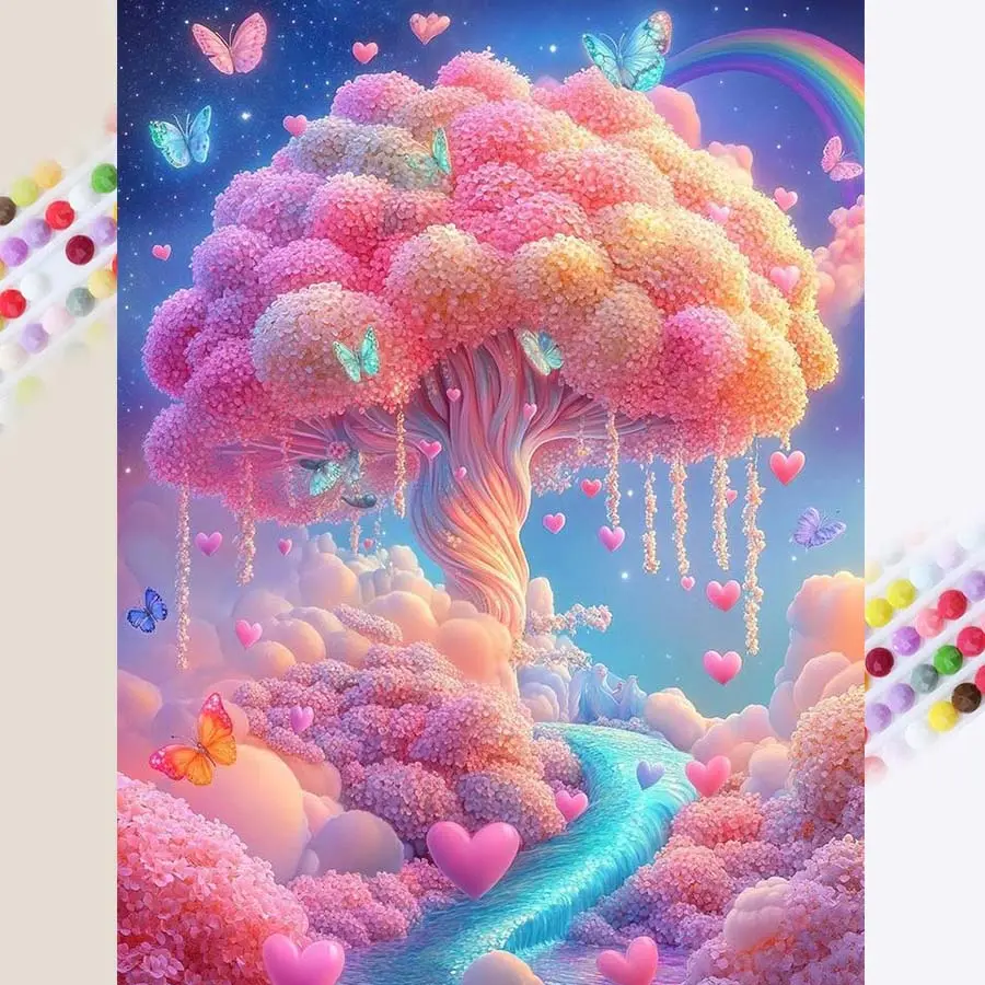 1pcs 5D DIY diamond painting kit, 5D diamond art set, DIY decoration, dream tree, colorful butterfly, heart diamond painting kit full round drill DIY, mosaic, diamond art, DIY art home decoration, suitable for Halloween and Christmas.