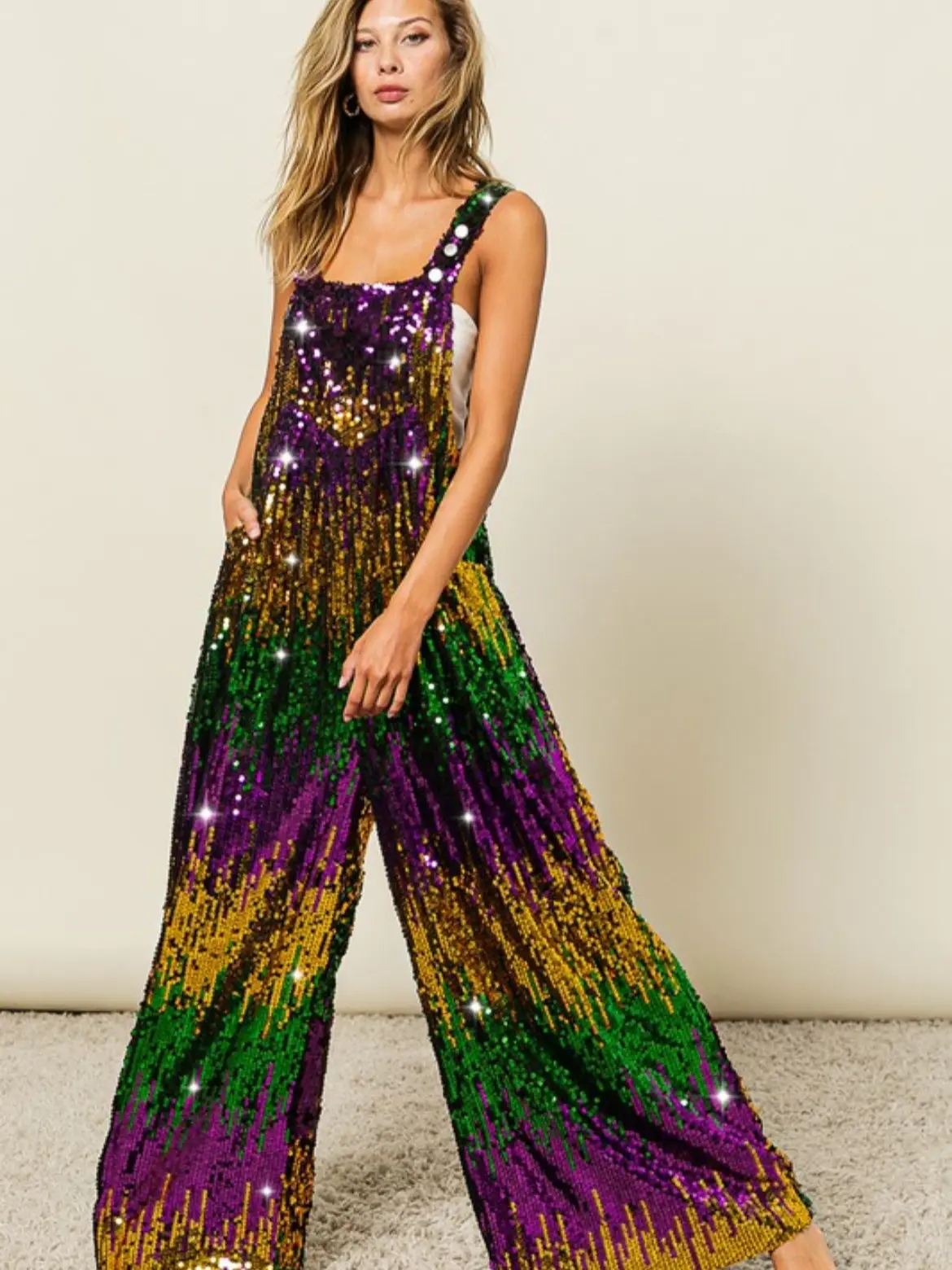 Sequin Colorblock Overalls with pockets--Purple Green Gold MARDI GRAS  parade gear - TikTok Shop