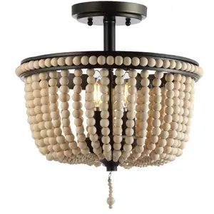 JONATHAN Y Allie Contemporary Wood Beaded/Metal LED Flush Mount; for Living Room,Bedroom, Kitchen, Office